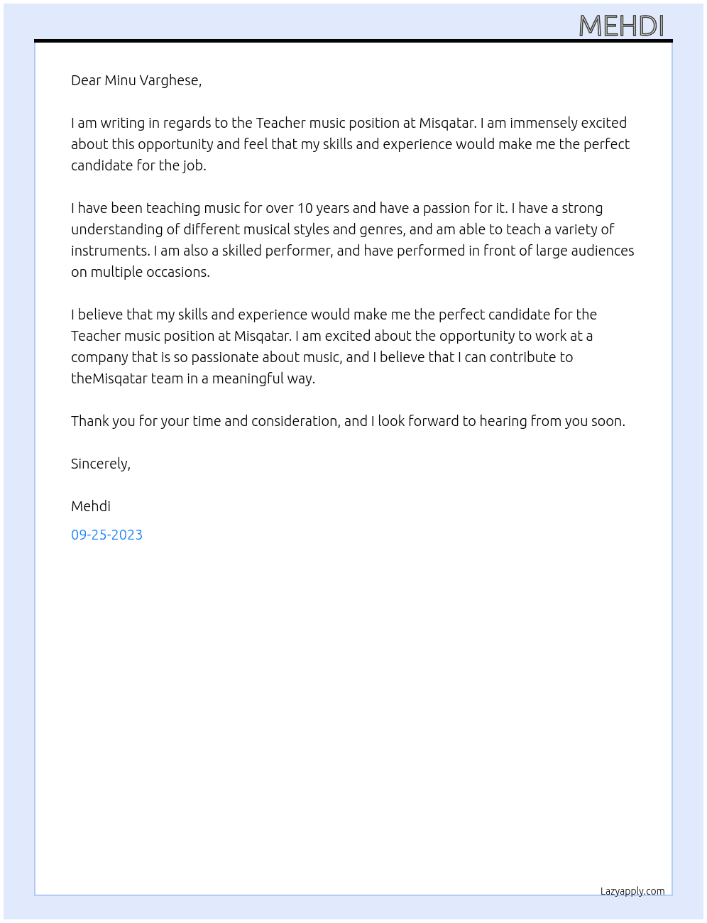 Teacher music  At Misqatar Cover Letter