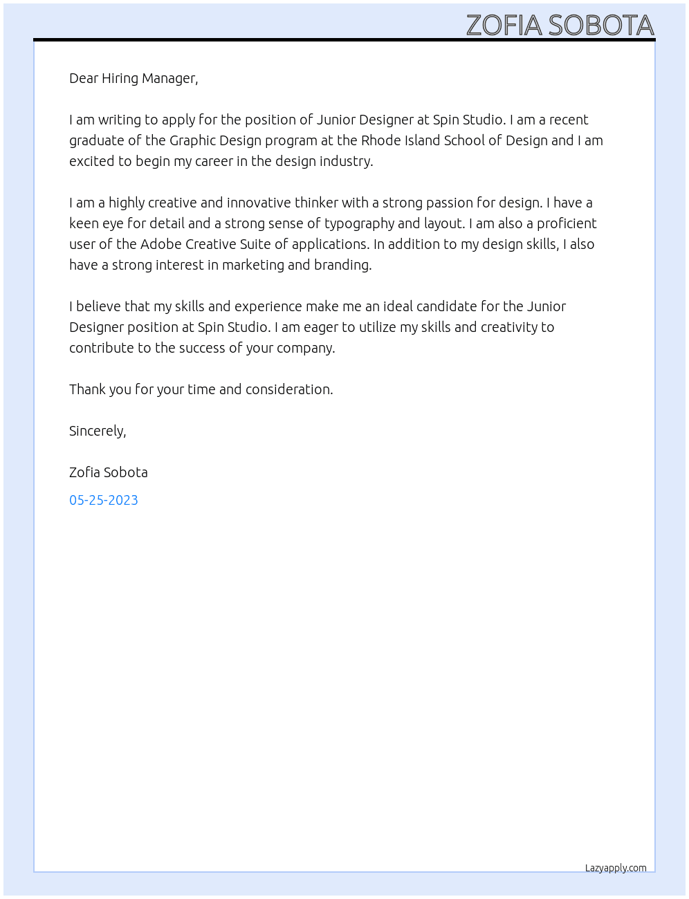Junior Designer At Spin Studio Cover Letter