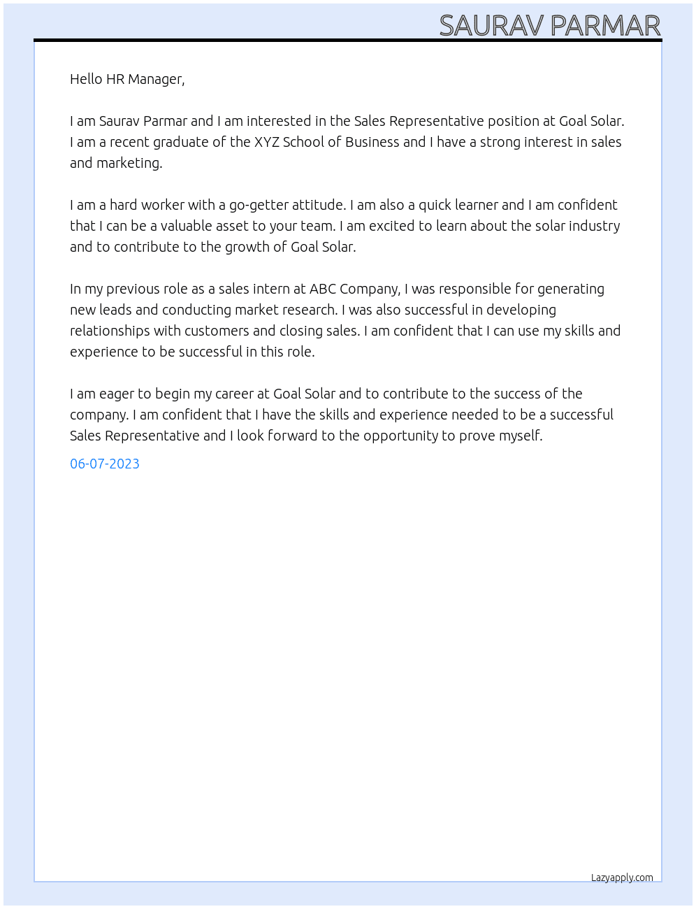 Sales Representative At Goal Solar  Cover Letter