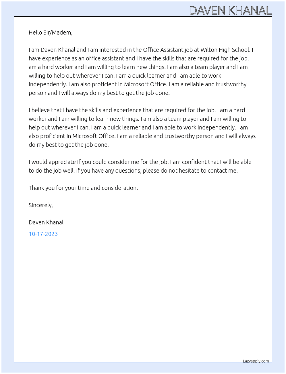 Office Assistant Job At Wilton High School Cover Letter