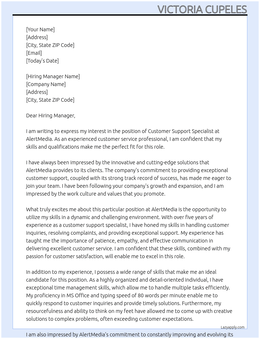 Customer Support Specialist  At AlertMedia Cover Letter