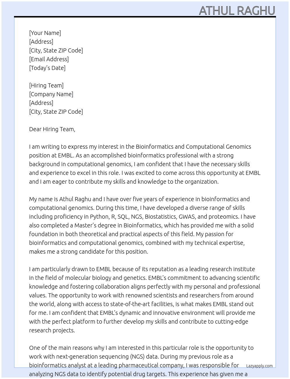Bioinformatics and computational genomics At EMBL Cover Letter