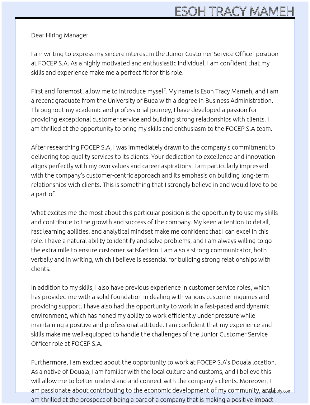 Junior Customer Service Officer At FOCEP S.A Cover Letter