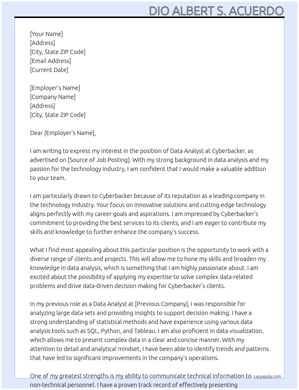 Data analyst At Cyberbacker Cover Letter