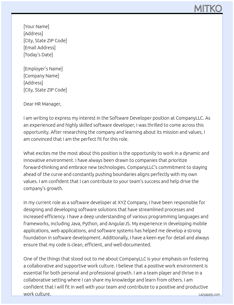Software Developer At CompanyLLC Cover Letter