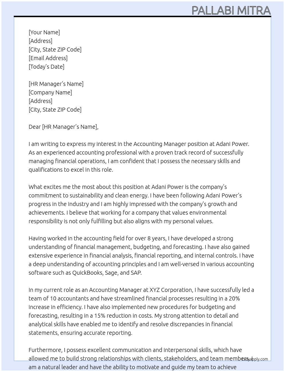 Accounting Manager  At Adani Power Cover Letter