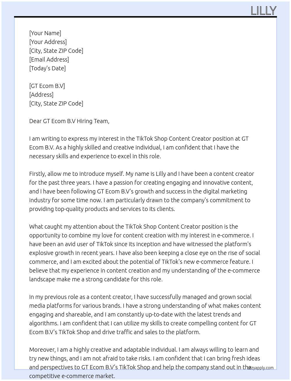 TikTok Shop Content Creator  At GT Ecom B.V Cover Letter