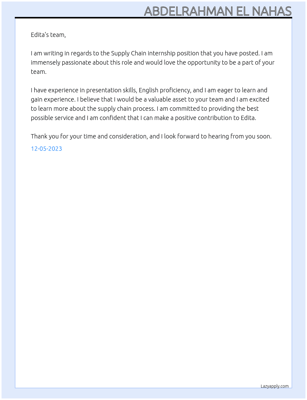 Supply chain  At Edita Cover Letter