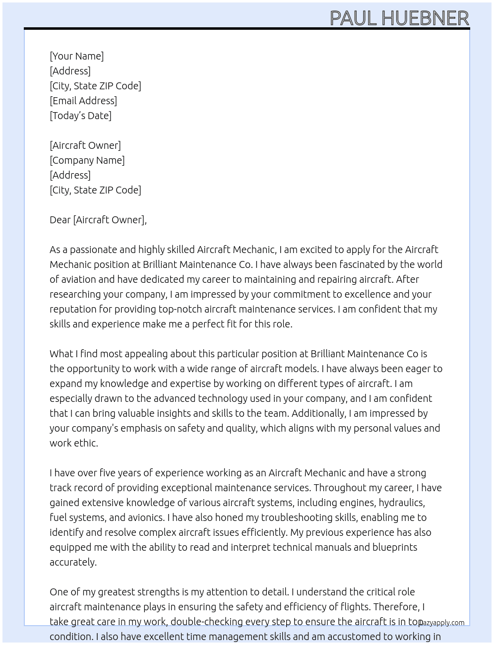 Aircraft Mechanic At brilliant Maintenance Co Cover Letter