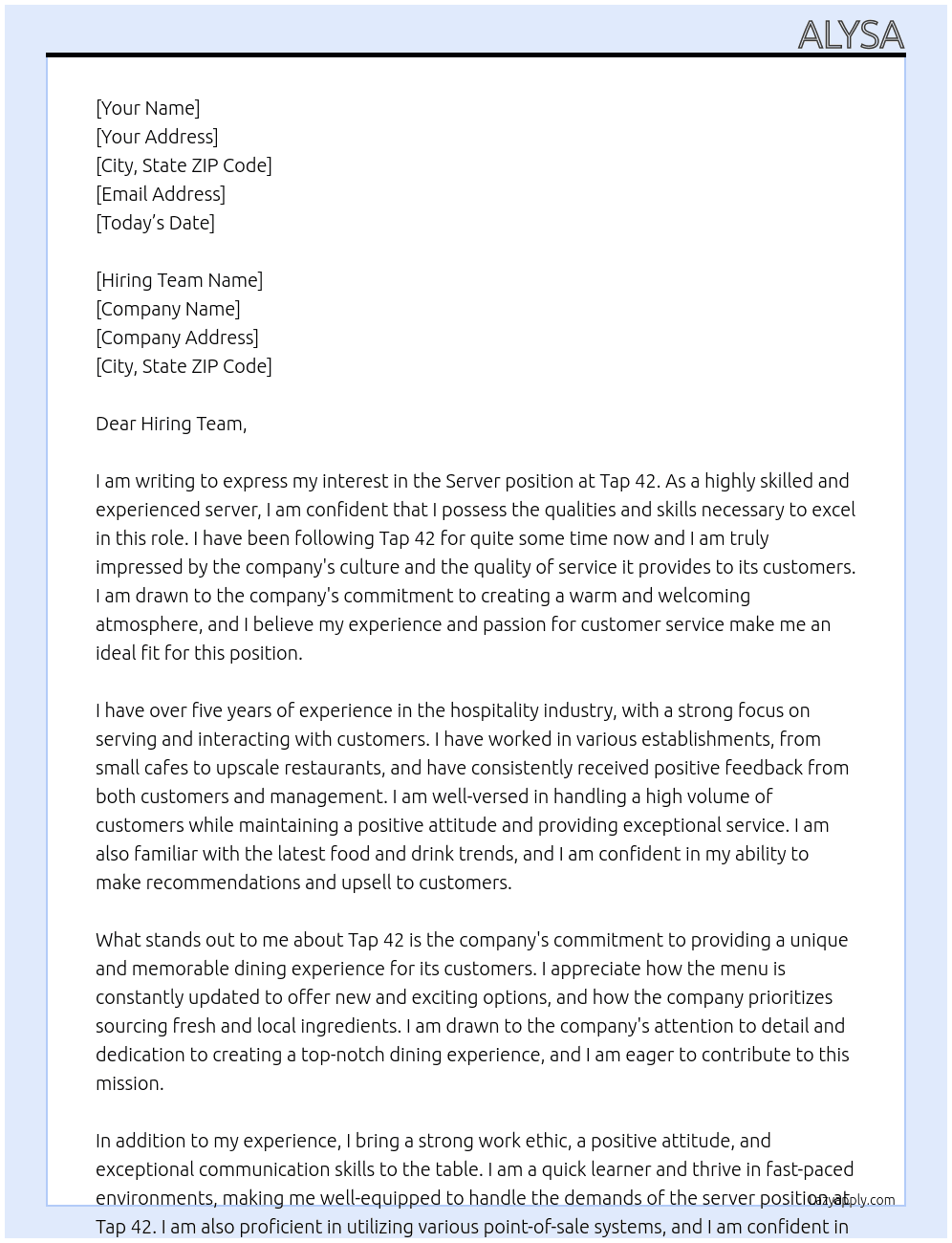 Server At Tap 42 Cover Letter