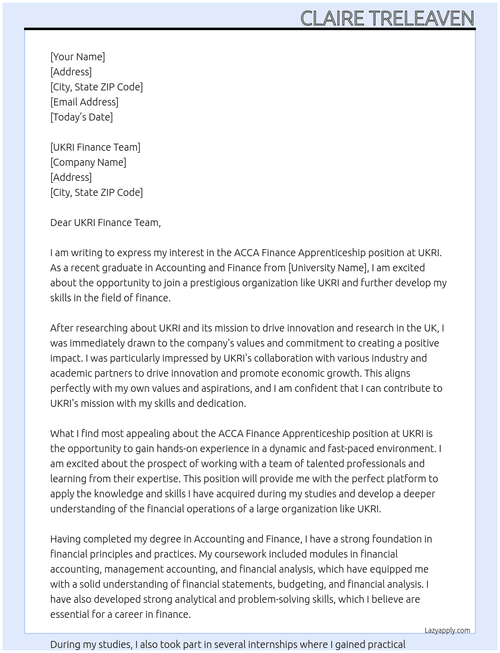 ACCA Finance Apprenticeship At UKRI Cover Letter