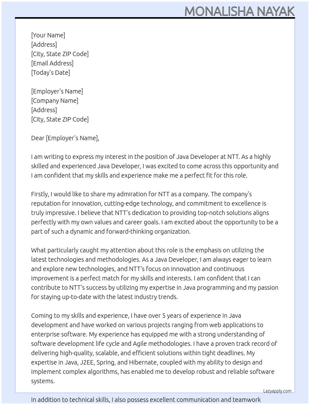 java developer At NTT Cover Letter