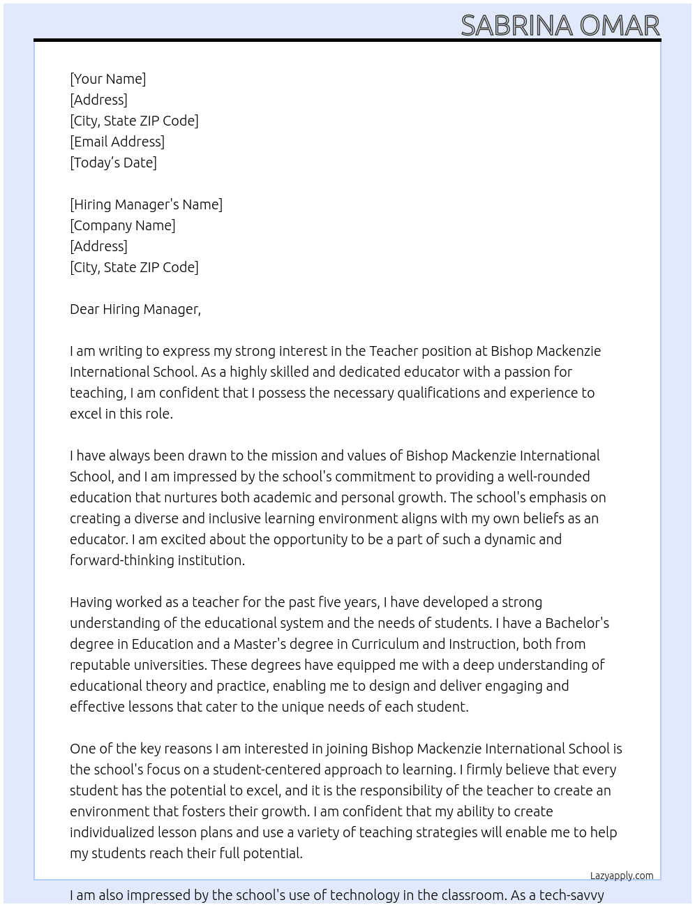 Teacher At bishop mackenzie international school Cover Letter
