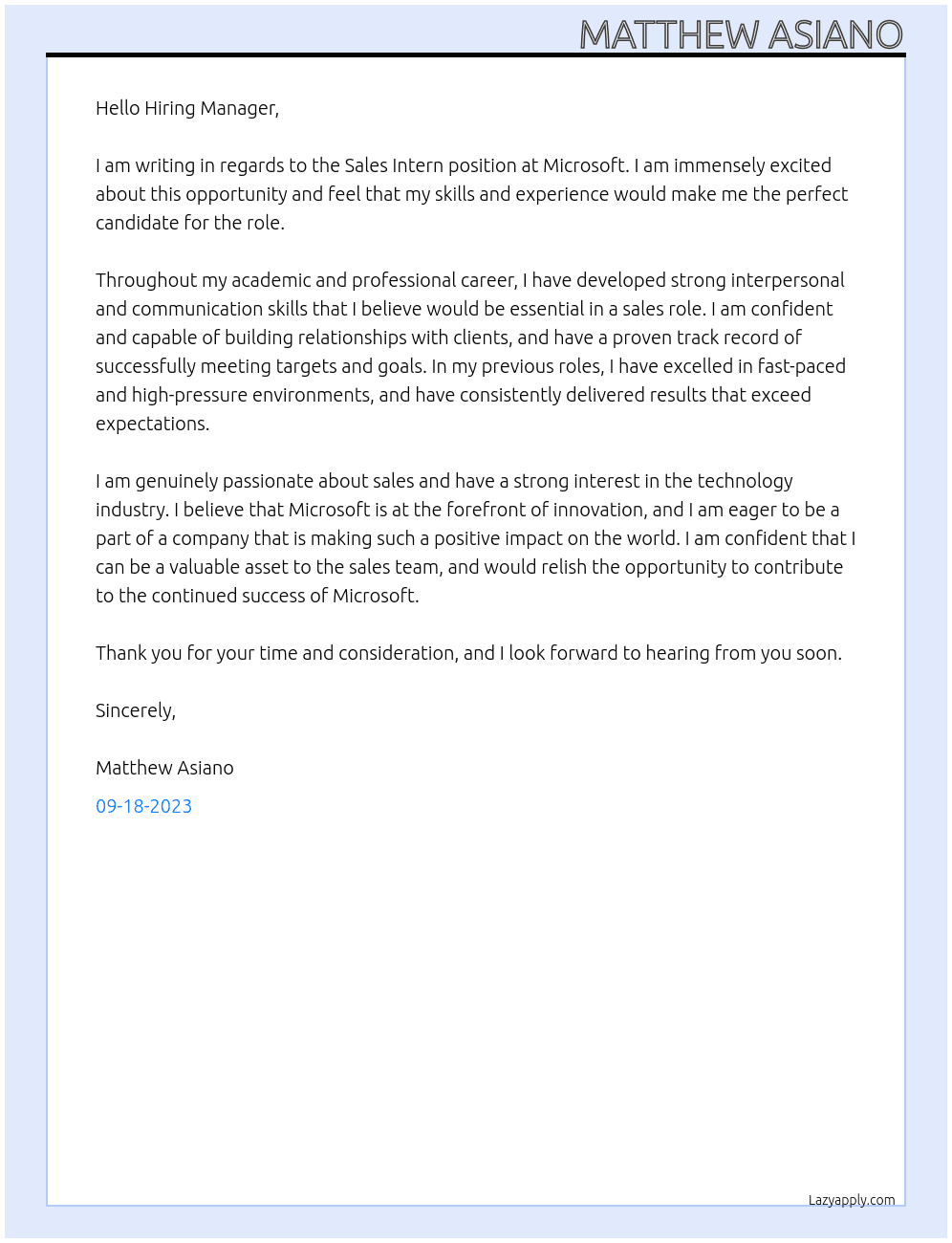Sales intern At Microsoft Cover Letter