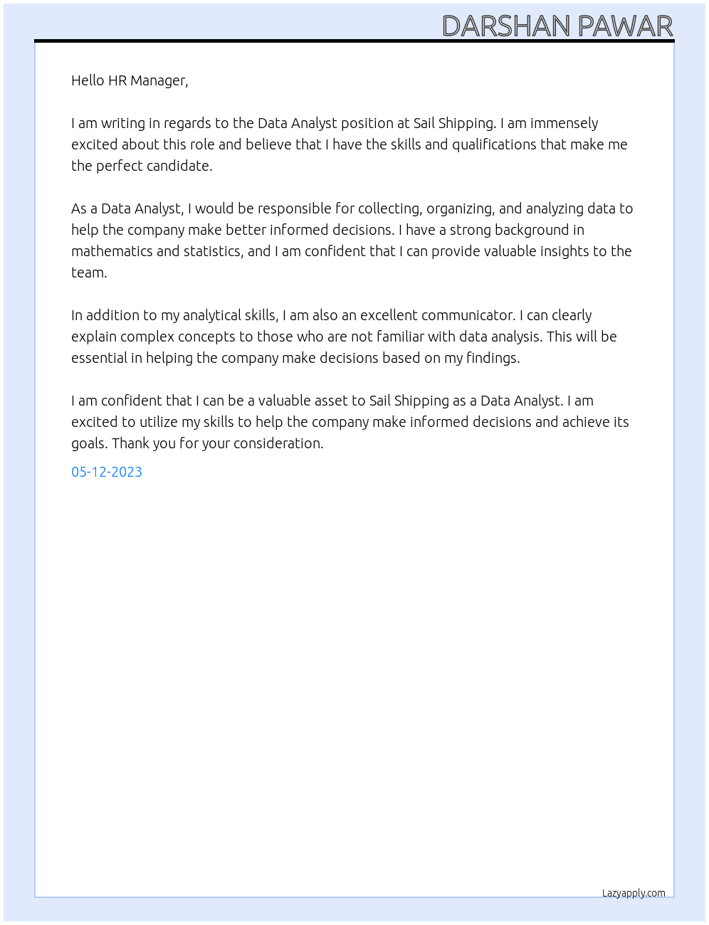 Data Analyst At Sail Shipping Cover Letter