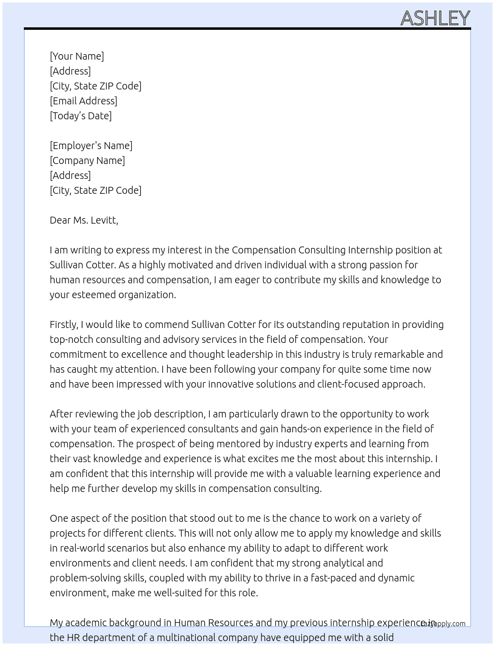 Compensation Consulting Internship At Sullivan Cotter Cover Letter