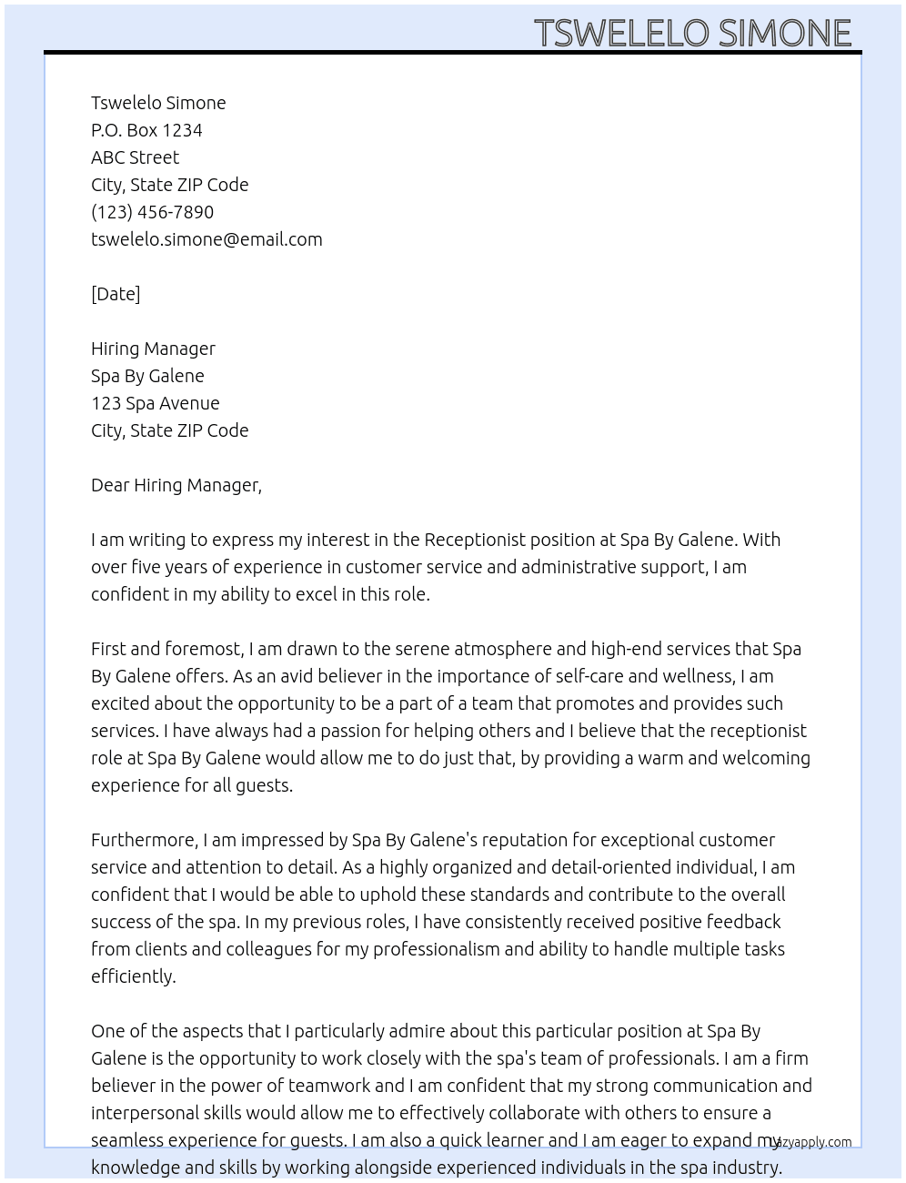 Receptionist At Spa By Galene Cover Letter