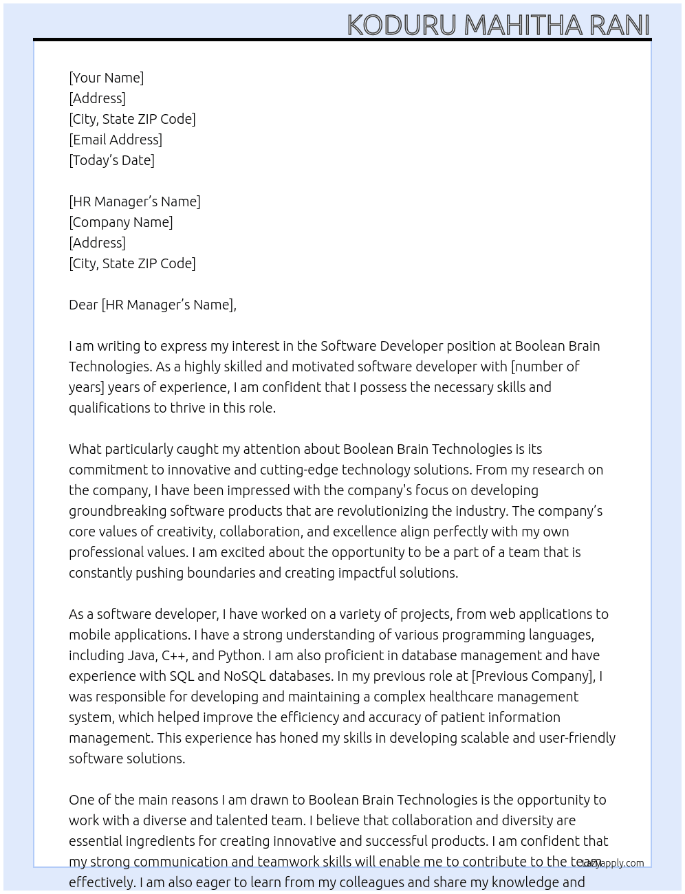 Software Developer At Boolean Brain Technologies Cover Letter