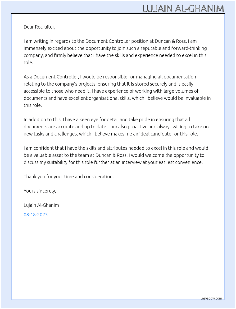 Document controller  At Duncan & Ross Cover Letter