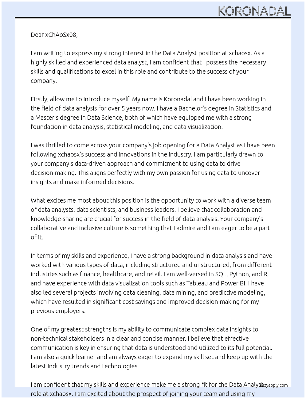 Data Analyst At xchaosx Cover Letter