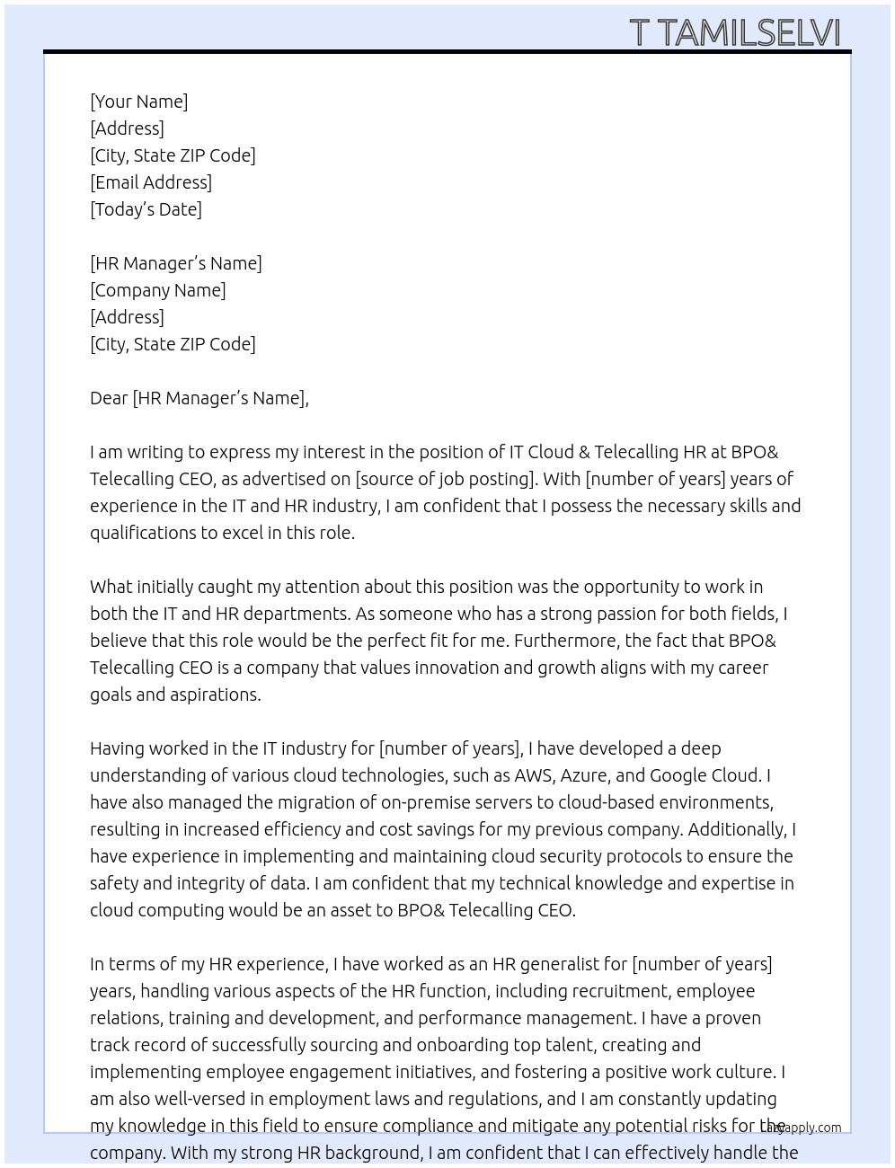 IT Cloud & Telecalling HR At BPO& Telecalling CEO Cover Letter