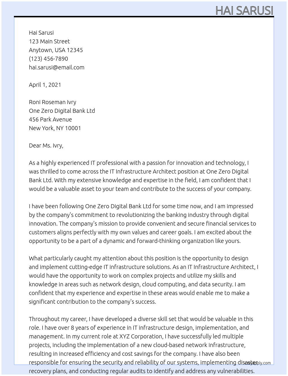 IT Infrastructure Architect At ONE ZERO DIGITAL BANK LTD Cover Letter