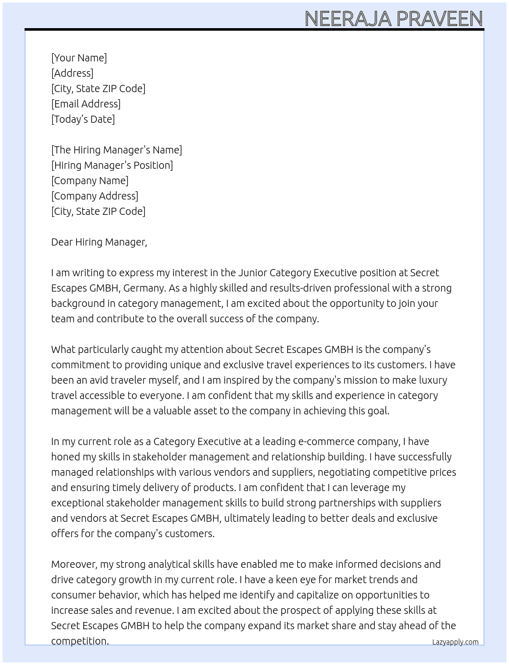 Junior category executive  At Secret Escapes GMBH, Germany Cover Letter