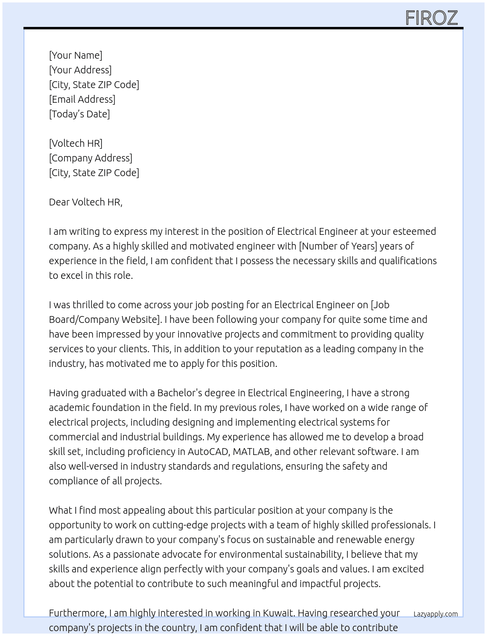 Electrical engineer  At Voltech HR  Cover Letter