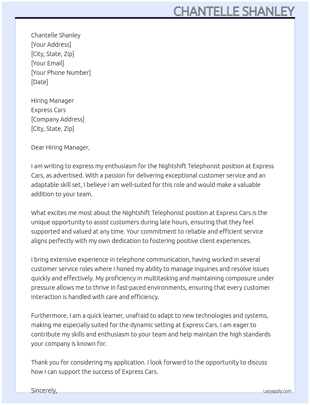 Nightshift Telephonist  At Express Cars Cover Letter