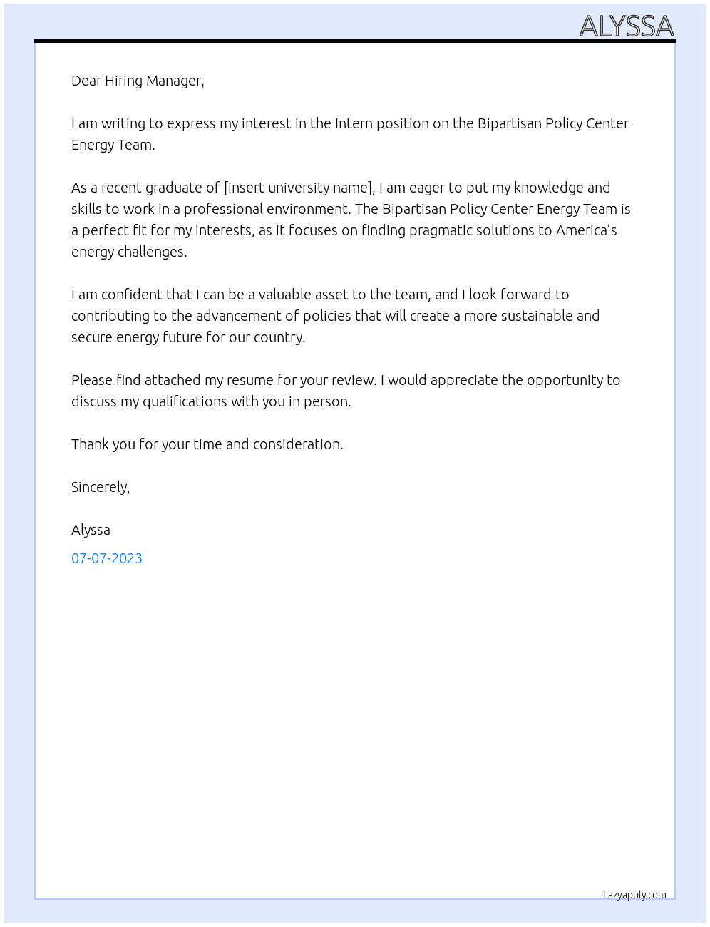 Intern At Bipartisan Policy Center Energy Team Cover Letter