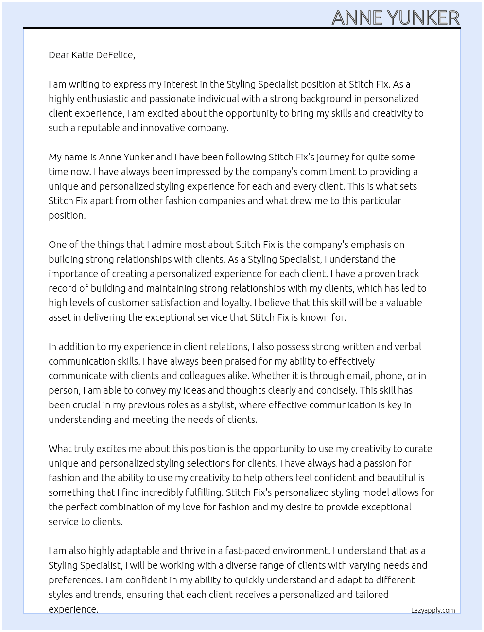 Styling Specialist At Stitch Fix Cover Letter