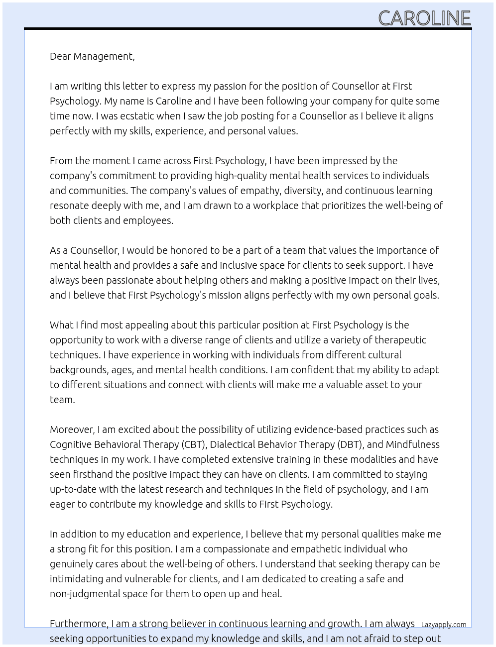 Counsellor At First Psychology Cover Letter