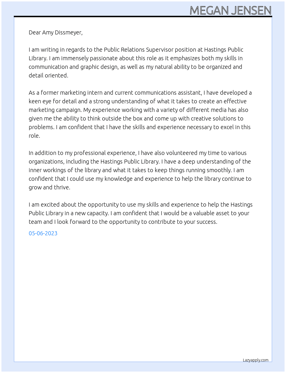Public Relations Supervisor At Hastings Public Library Cover Letter