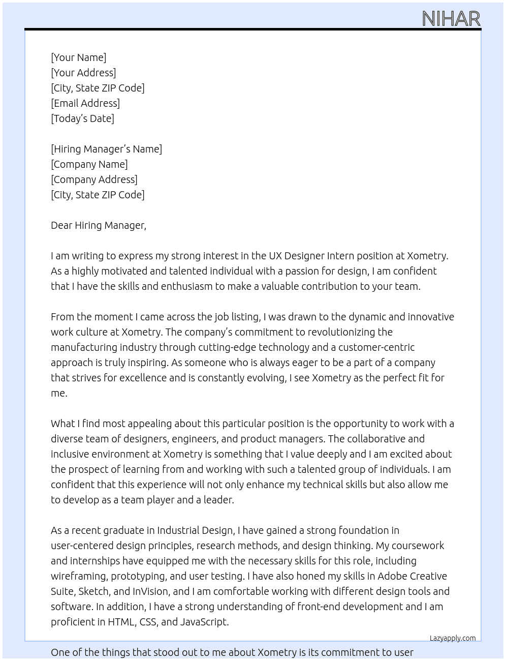 UX Designer Intern At Xometry Cover Letter
