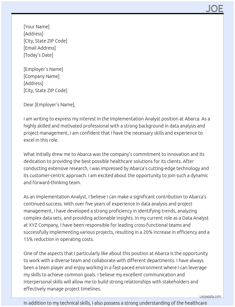 Implementation Analyst At Abarca Cover Letter