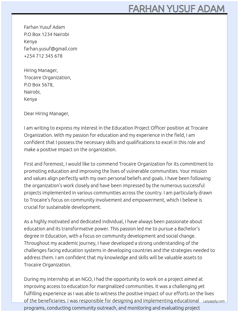 Education Project Officer  At Trocaire Organization  Cover Letter