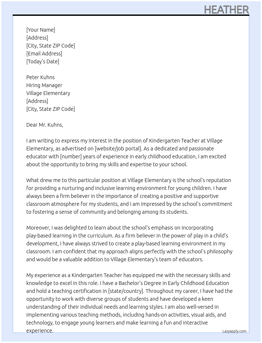 kindergarten teacher At Village Elementary Cover Letter