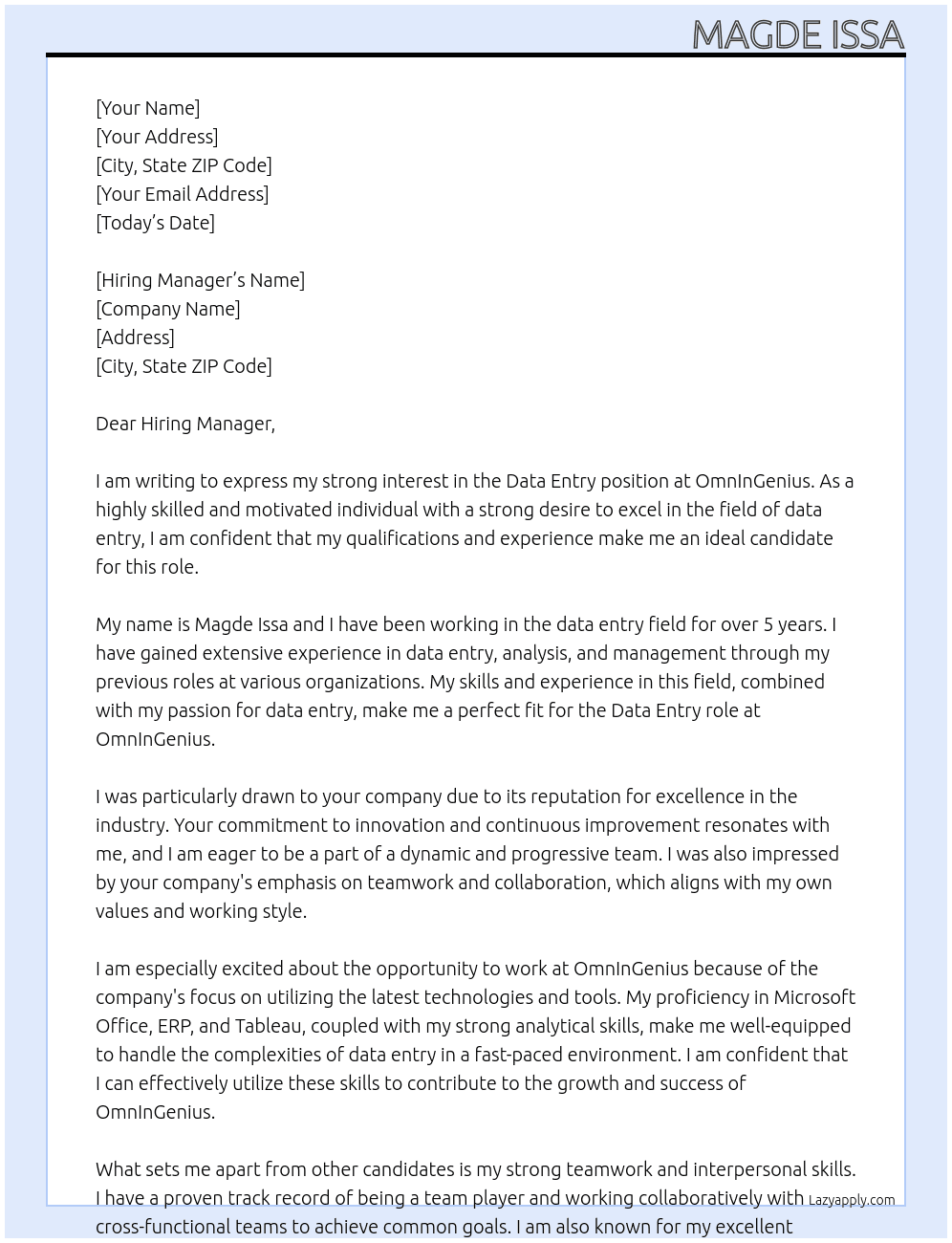 Data entry At OmnInGenius Cover Letter