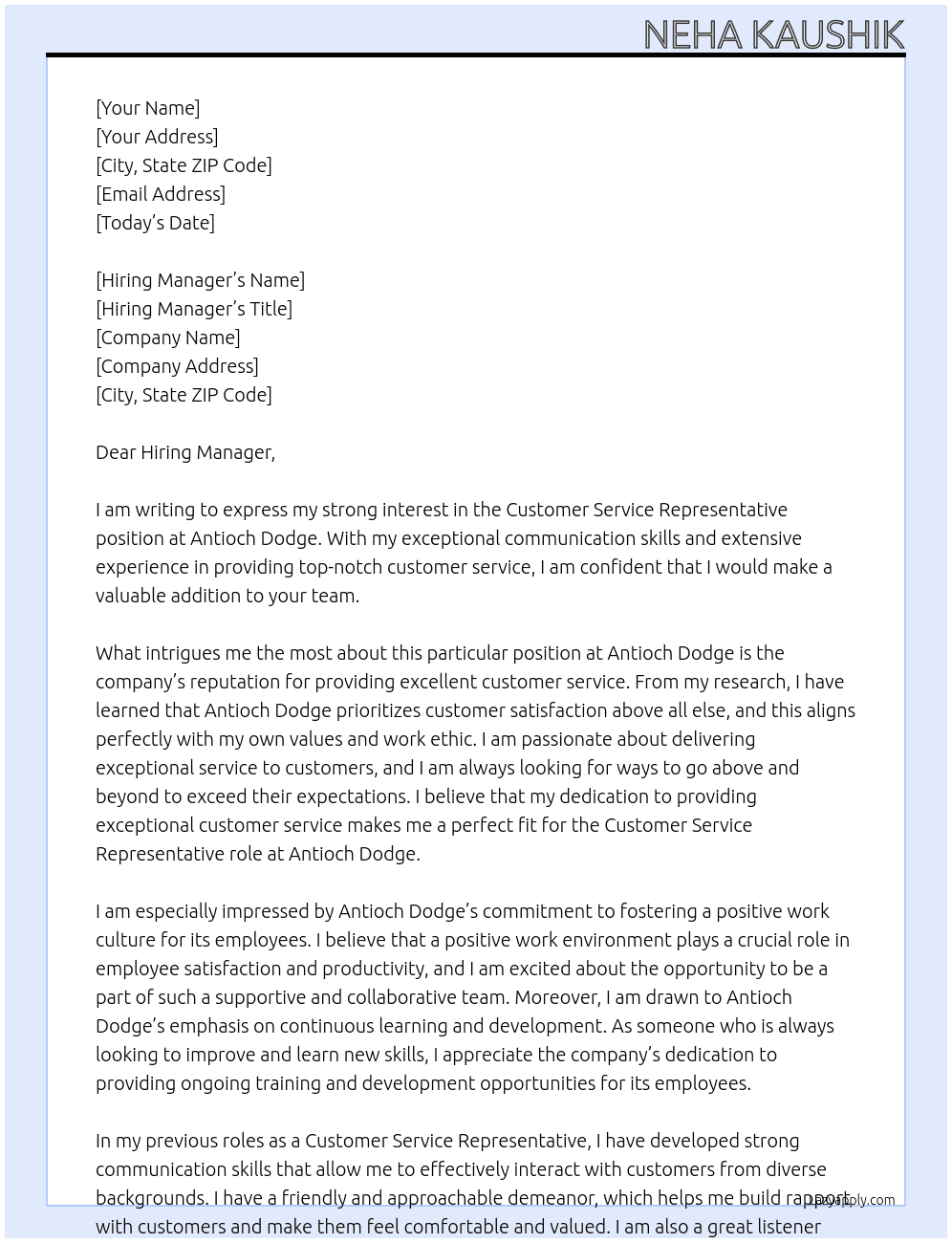 Customer Service Representative At  Antioch Dodge Cover Letter