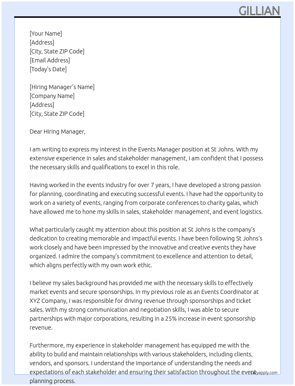 Events Manager At St Johns Cover Letter