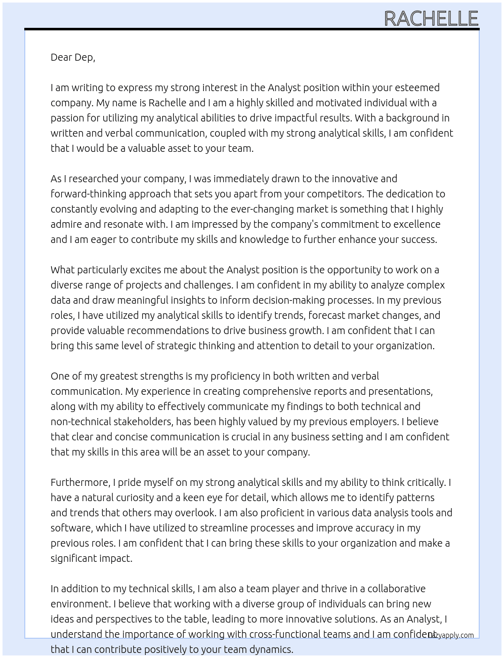 Analyst At Dep Cover Letter