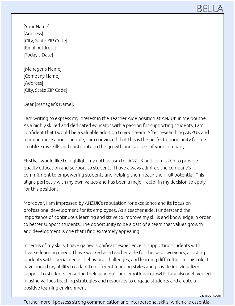 teacher aide At ANZUK Cover Letter