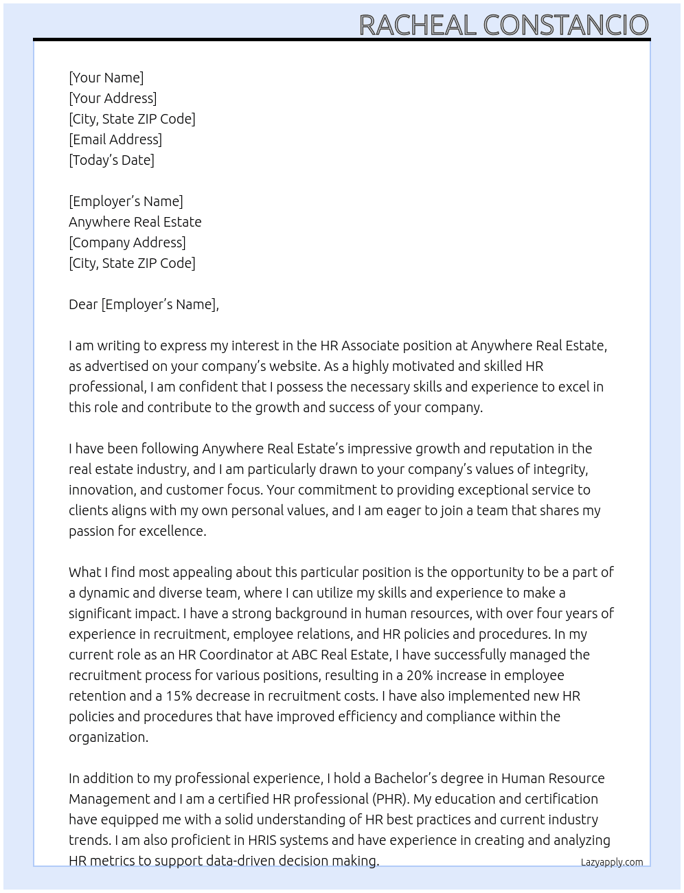 HR Associate At Anywhere Real Estate Cover Letter