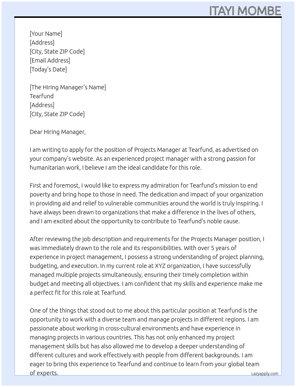 Projects Managers At Tearfund Cover Letter