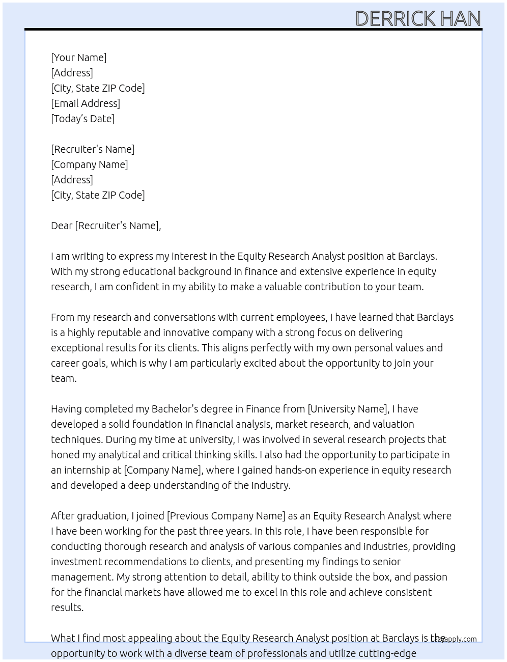 Equity Research Analyst At Barclays Cover Letter