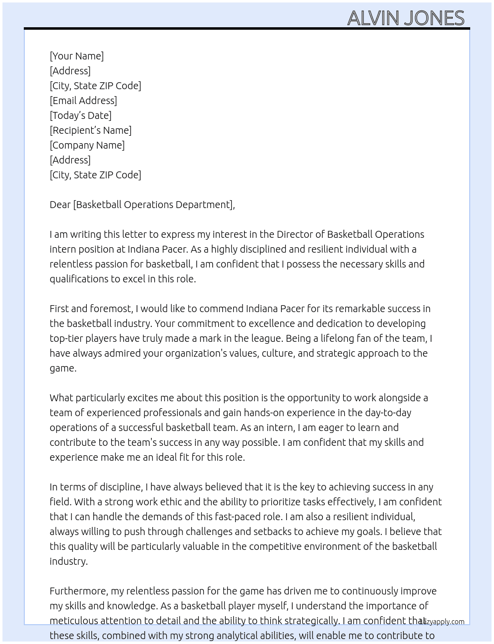 Director of Basketball Operations intern  At Indiana Pacer  Cover Letter