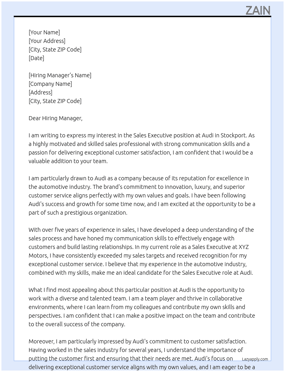 Sales executive At Audi  Cover Letter