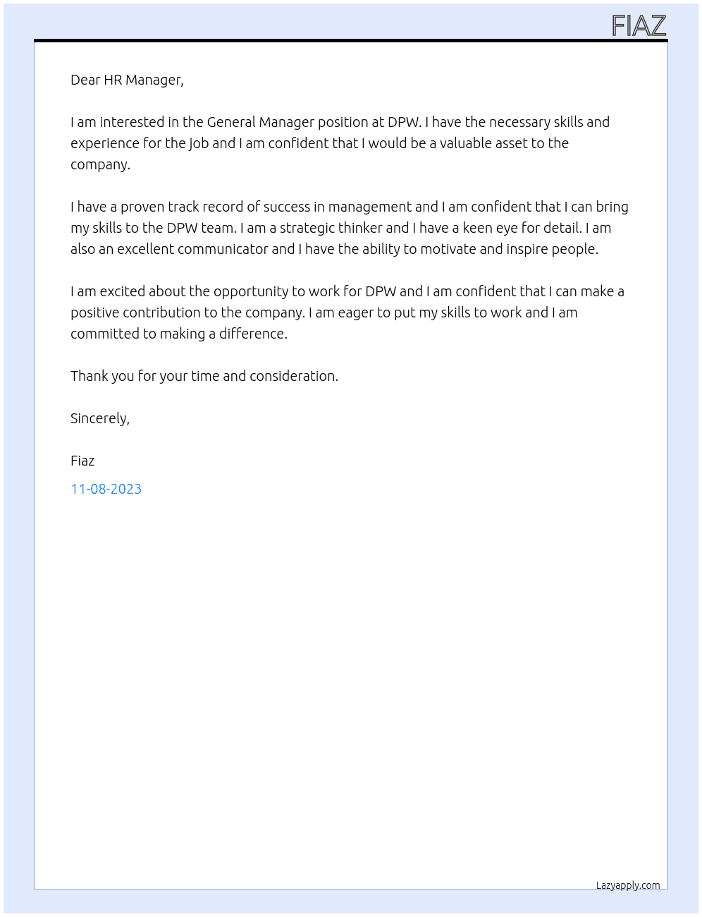 General Manager At DPW Cover Letter