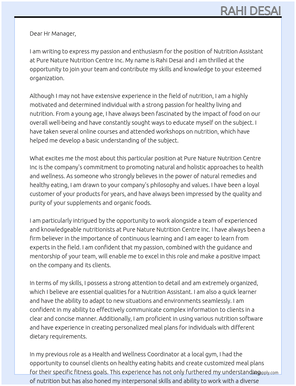 Nutrition Assistant But I have just a basic knowledge  At Pure Nature Nutrition Centre Inc Cover Letter