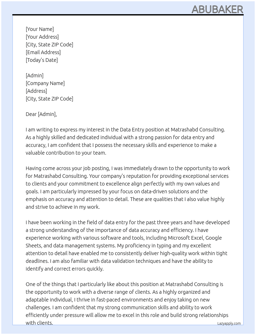 data entry At matrashabd consuling Cover Letter